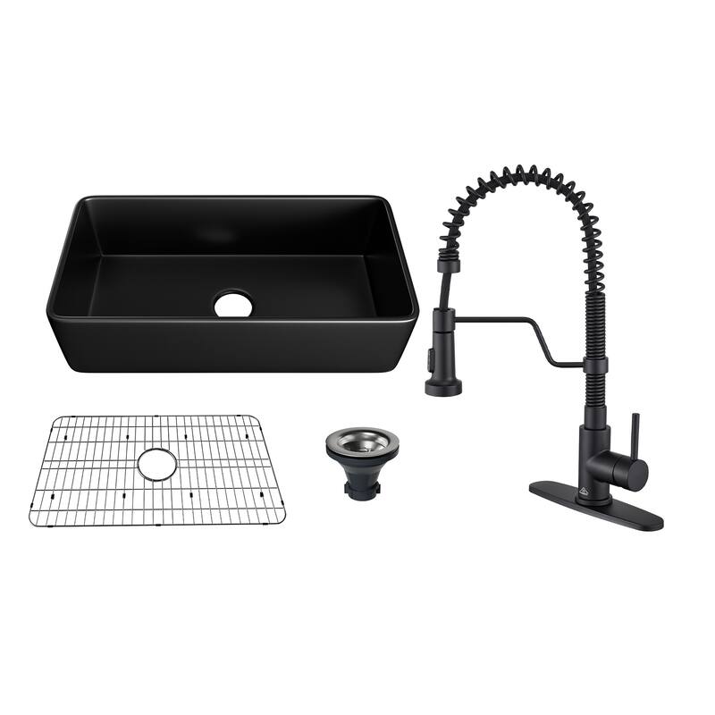 Farmhouse/Apron-Front Single Bowl Fireclay Kitchen Sink with 3-Function Pull-Down Faucet, Bottom Grid, and Basket Strainer - 36" Matte Black Sink + 3-Function Pull-Down Faucet - 36 x 18 x 10
