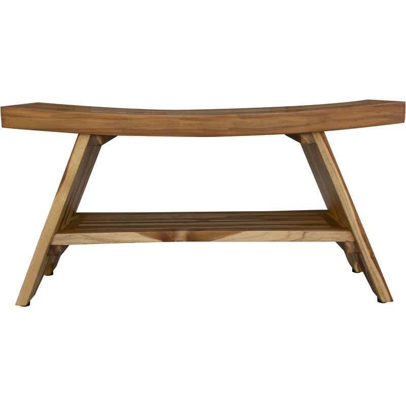HomeRoots 35" Teak Rectangular Shower Outdoor Bench With Shelf In Natural Finish