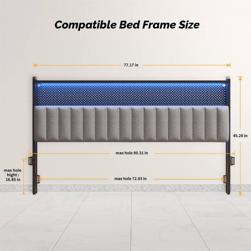 Adjustable Upholstered Headboard with 2 Tier Shelves with Charging Stations and LED Lights, Modern Bed Headboard with Storage