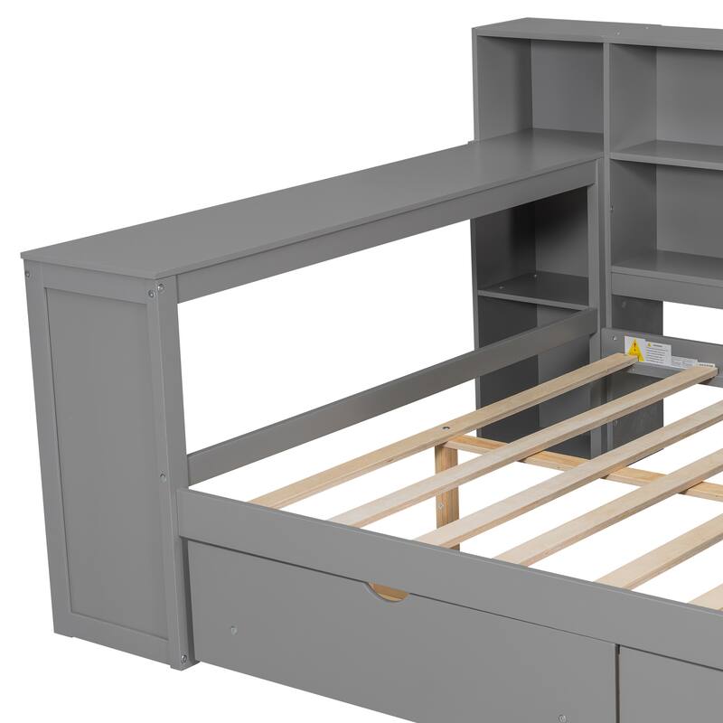 Wood Daybed Twin Size Platform Bed with Storage Shelves, Drawers, Charging Station, Desk, LED and Upholstered Cushion Headboard
