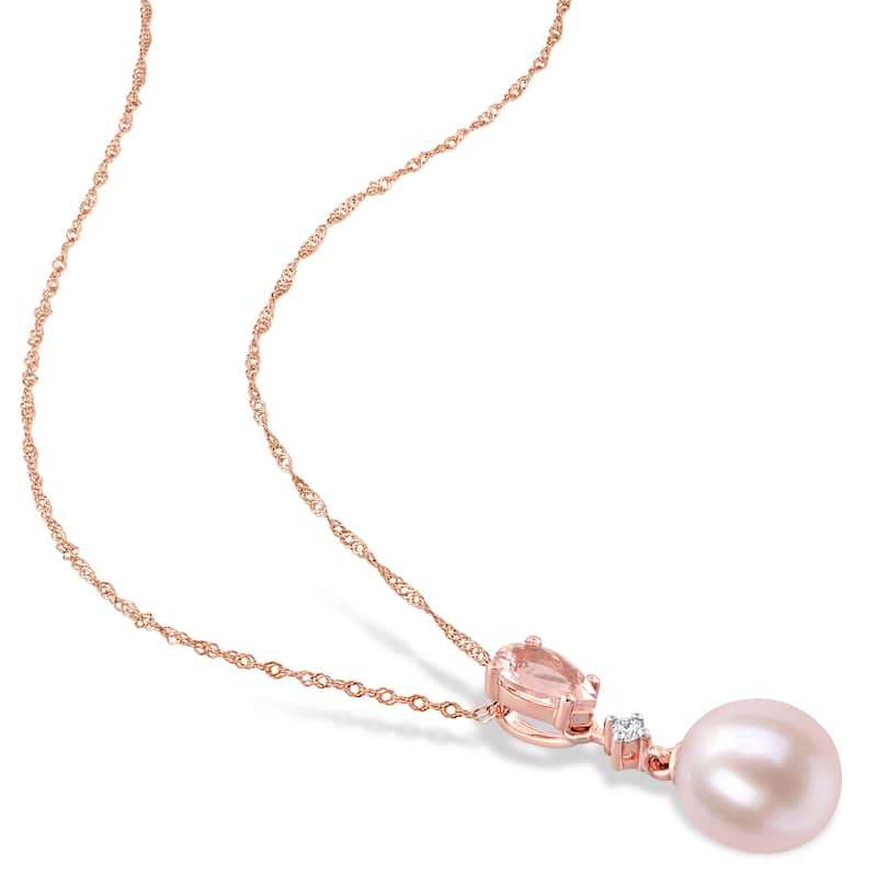 Miadora Cultured FW Pearl, Morganite & Diamond Accent Earrings & Necklace in 10k Rose Gold (9-9.5mm)