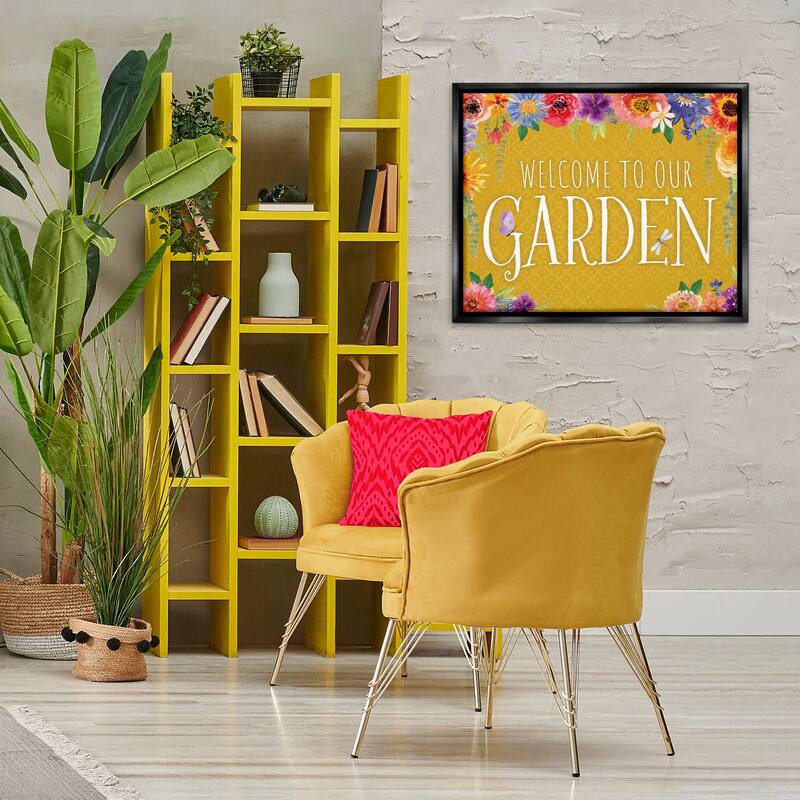 Stupell Garden Welcome with Floral Border Framed Floater Canvas Wall Art Design By Nicole DeCamp