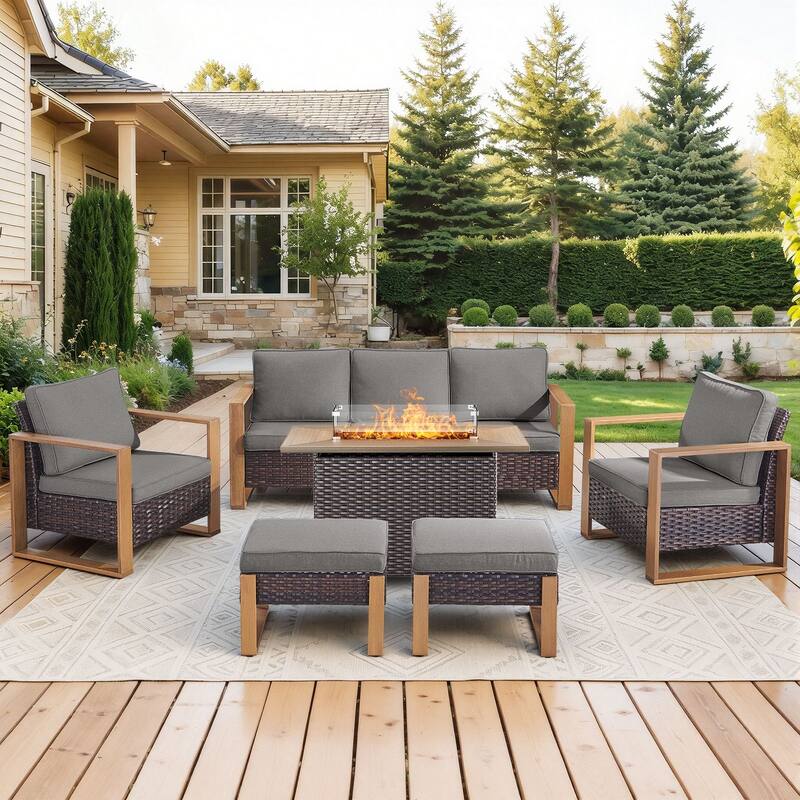 Meyreso Wicker Patio Conversation Set with Fire Pit Table & Olefin Cushions