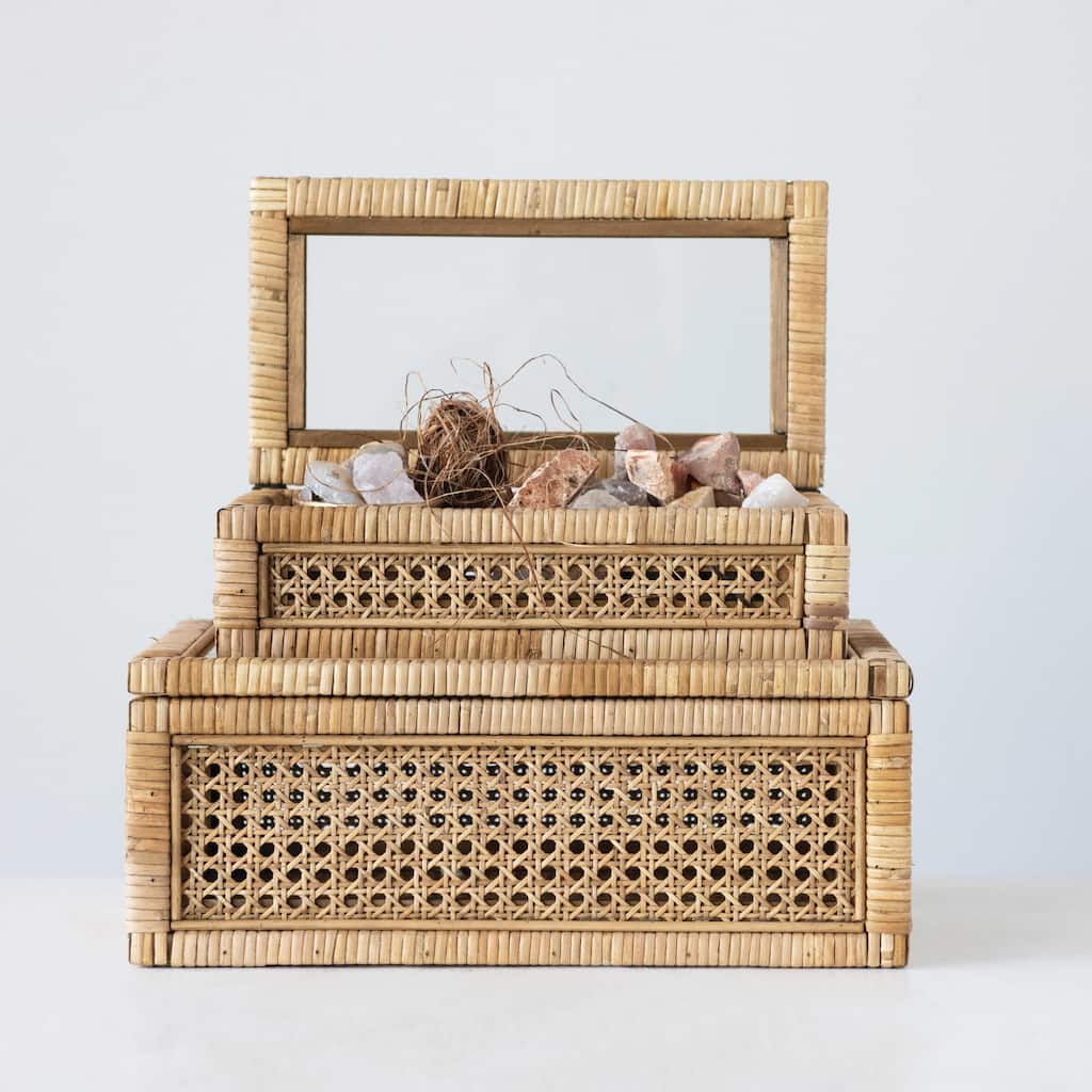 Woven Rattan Display Boxes with Glass Lids & Fir Wood Frame