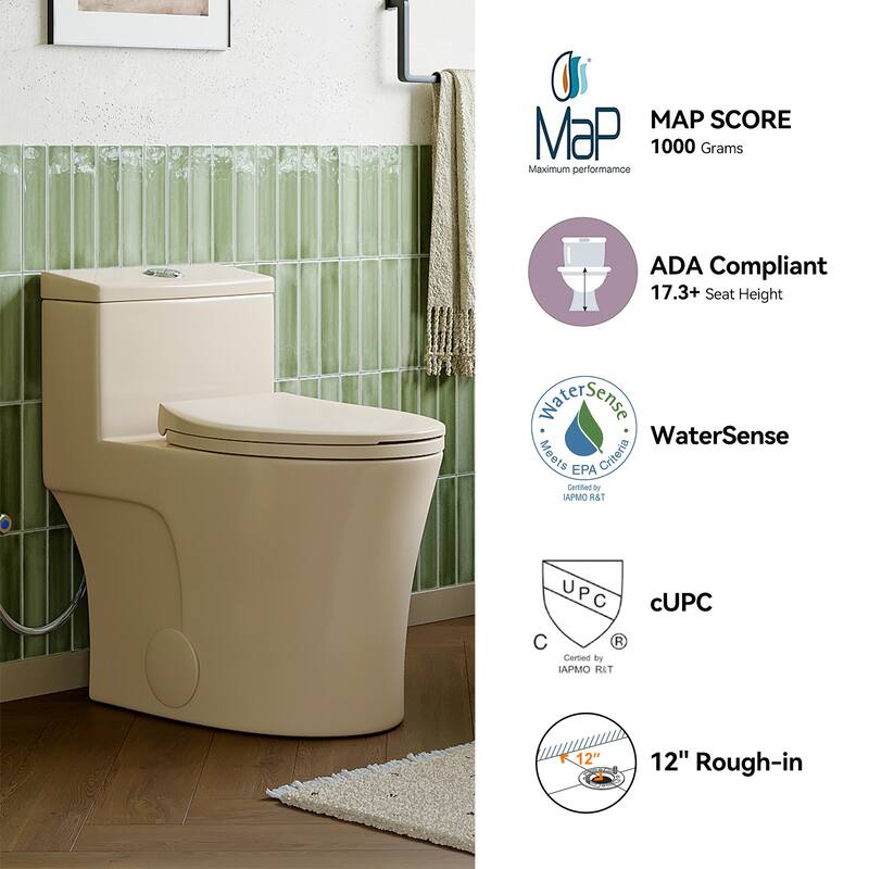 HOROW 1 Piece High Efficiency Dual Flush Elongated Toilet Biscuit 0.8 1.28 GPF Seat Included