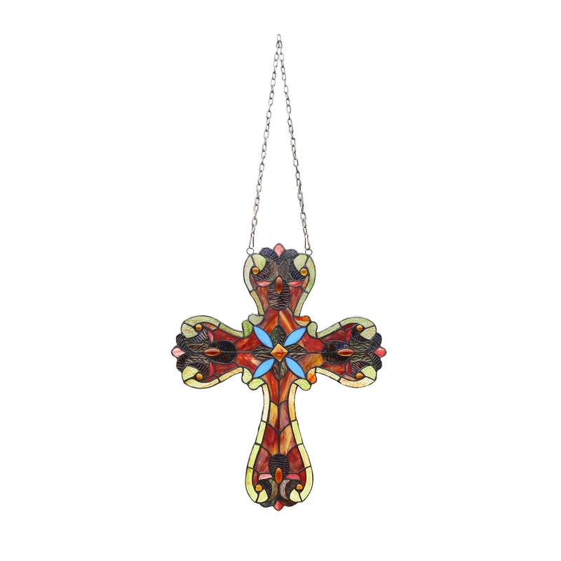 20" x 16" Victorian Design Cross Stained Glass Panel/ Suncatcher - Green/Brown