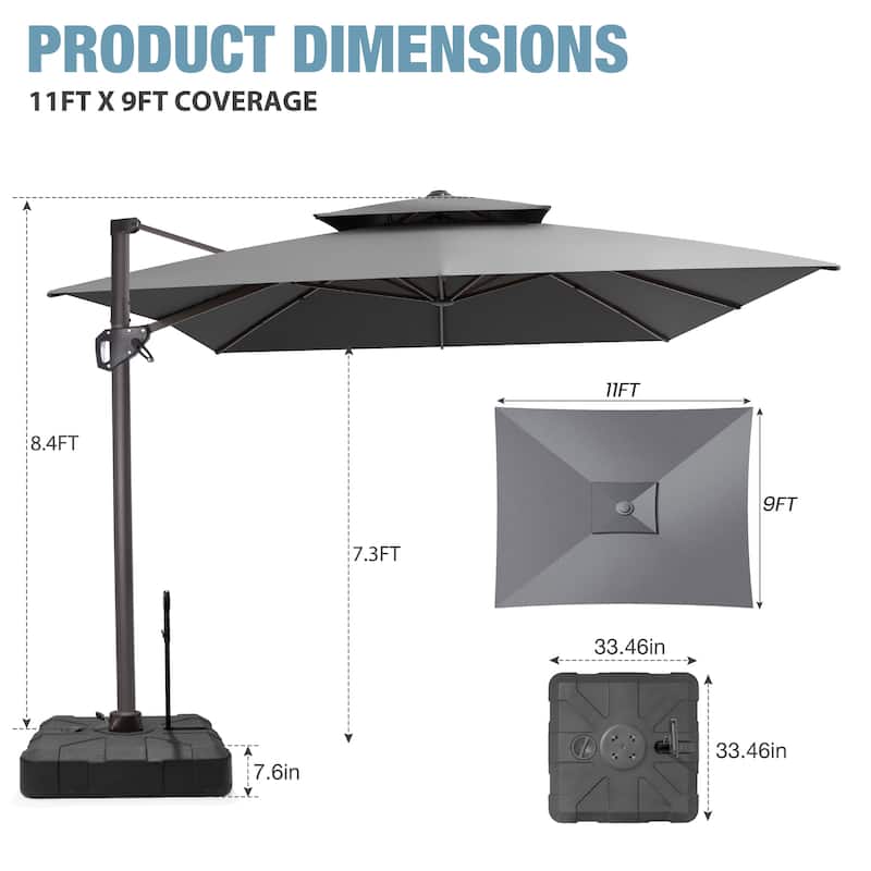 VredHom Patio Outdoor 9 x 11 FT Double Top Cantilever-Offset Umbrella with Rod Wheel Base