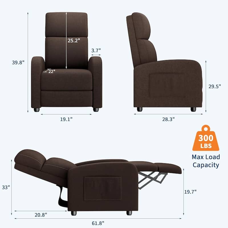 Recliner Chair for Adults, High Backrest, Thick Cushion, with Side Pocket