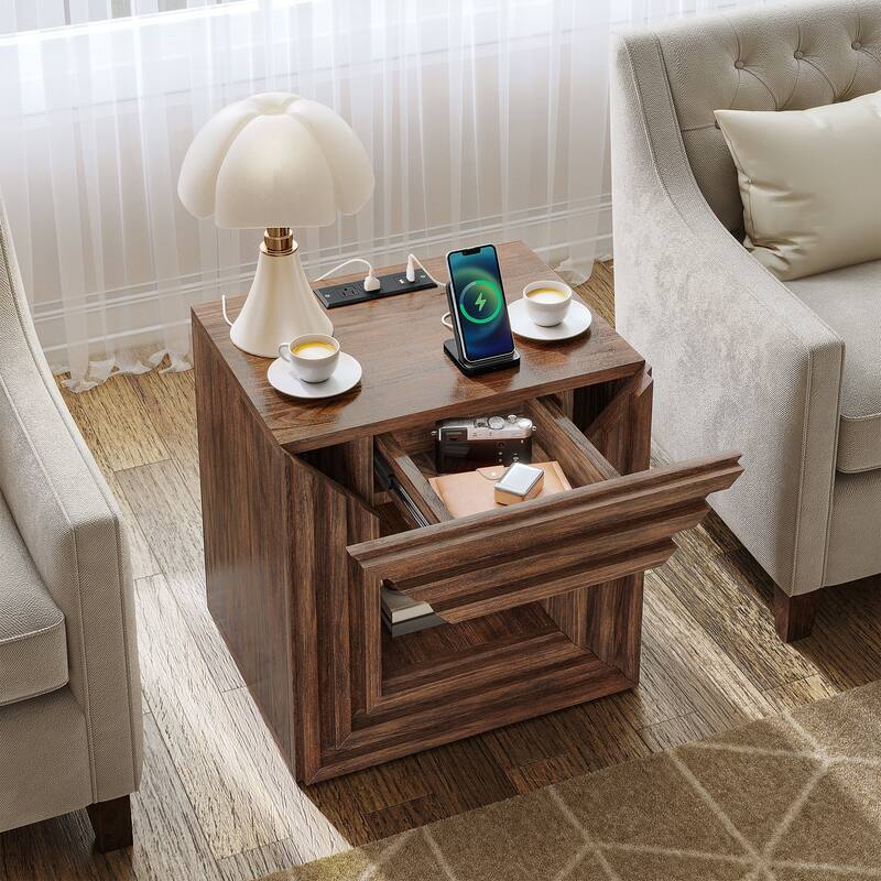 Moasis Farmhouse End Table Sofa Side Table with Drawer and Charging Station