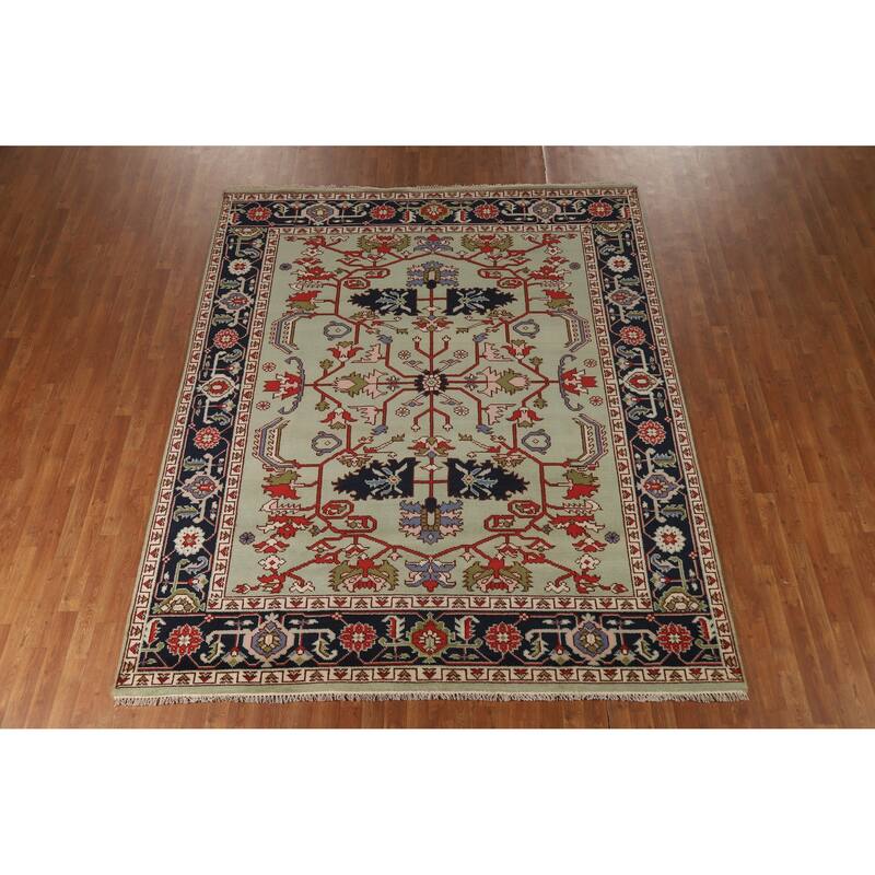 Hand Knotted Oriental 100% Wool Carpet Traditional Geometric Green Heriz (serapi) Area Rug - 9' 9'' X 7' 11''
