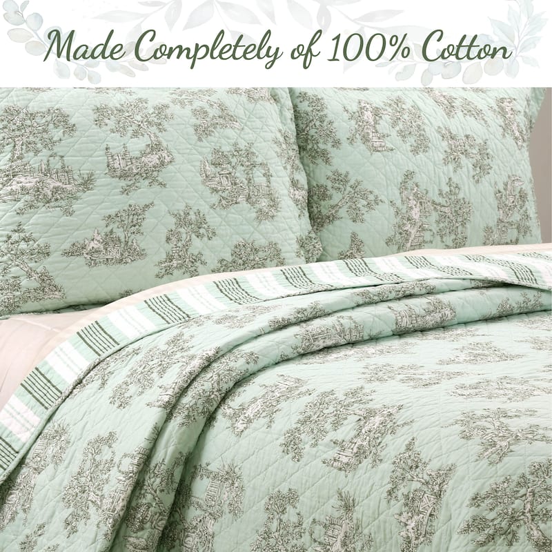 Cozy Line Vintage Cottage Garden Toile Mint Green Cotton Quilt Bedding Set