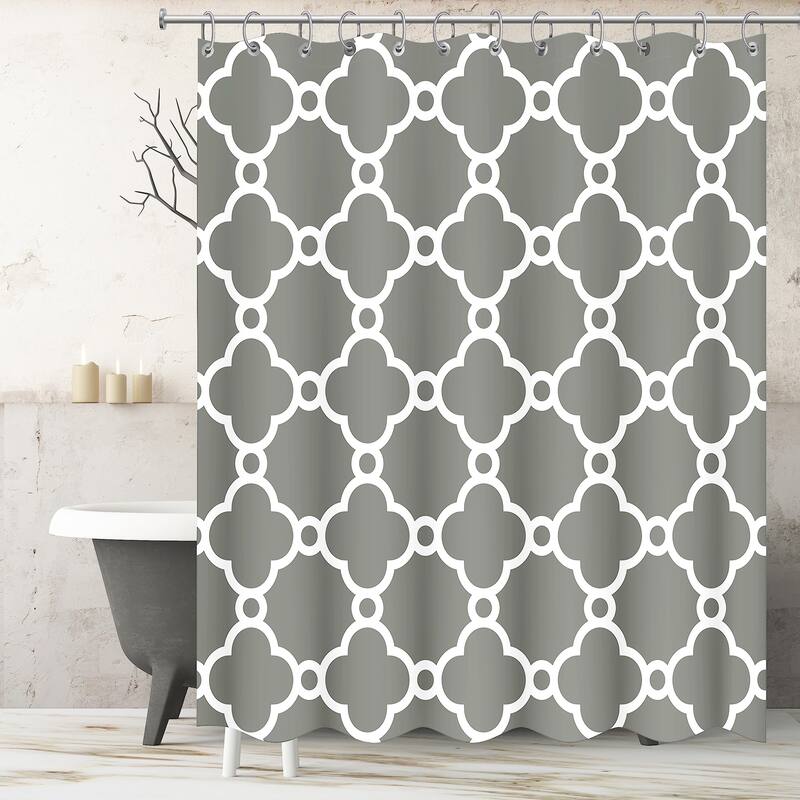 Grey and White Shower Curtain Geometric Moroccan Fabric, 72"x72"