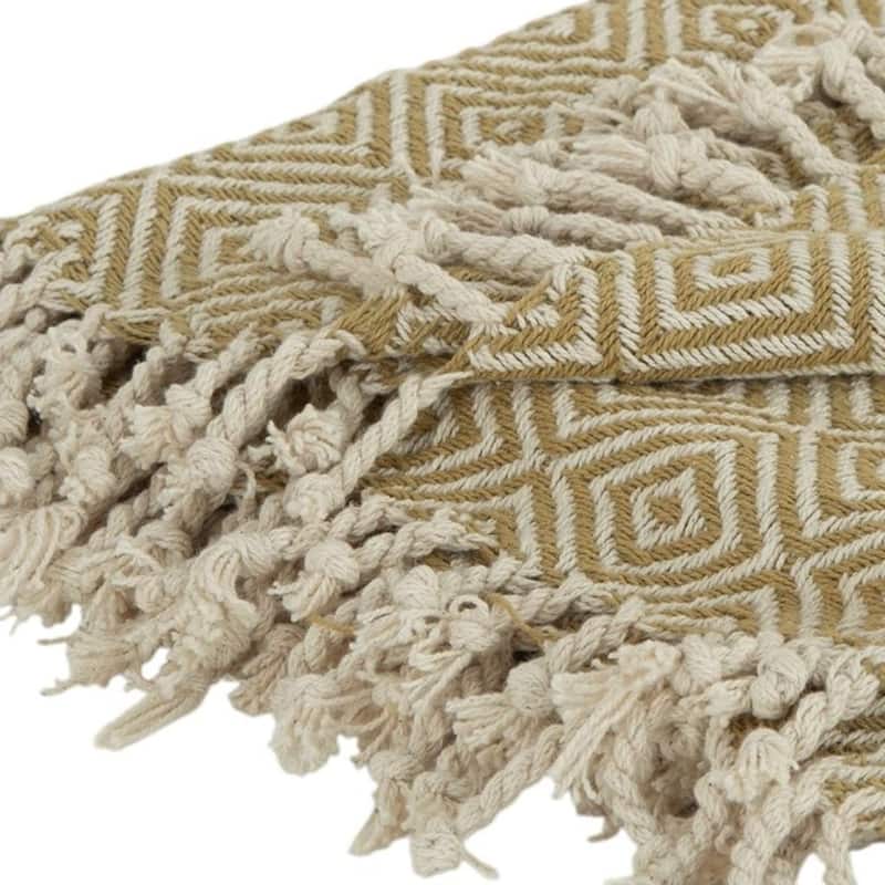 HomeRoots 50" X 60" Natural Cotton Woven Geometric Throw Blanket with Fringe