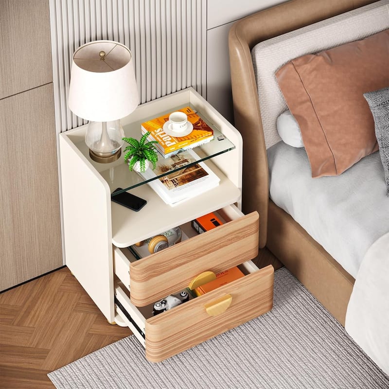 2-Drawer Nightstand, Modern Nightstands with Tempered Glasses