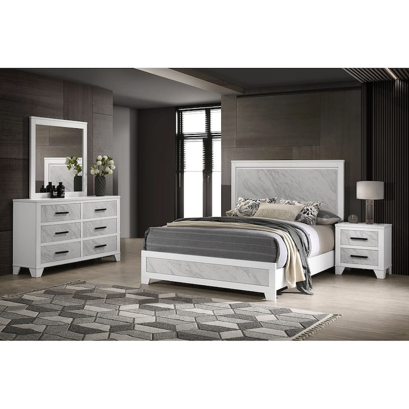 4 Pc Contemporary Bedroom Set White Finish Bed Nightstand Dresser and Mirror