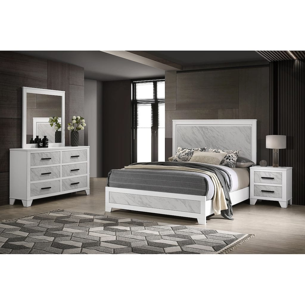 4 Pc Contemporary Bedroom Set White Finish Bed Nightstand Dresser and Mirror
