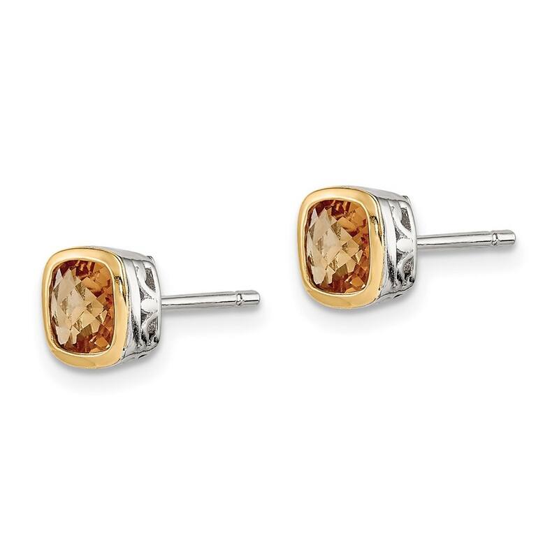 Curata 925 Sterling Silver With 14k Accent 6.5mm Citrine Square Stud Earrings