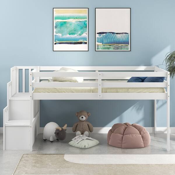 slide 2 of 5, Twin Pine Wood Kids Loft Bed w/Storage Staircase & Guard Rails, White White - Twin