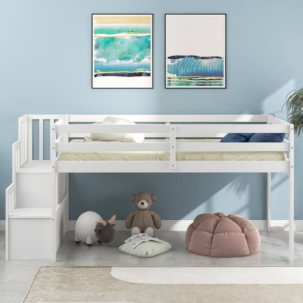 slide 2 of 9, Versatile Twin Size Wood Loft Kids Bed with Staircase,Guardrail White