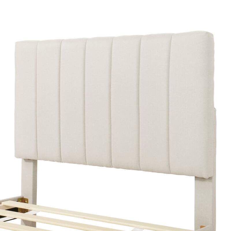 Upholstered Platform Bed Captain Bed with Trundle and 3 Drawers, Vertical Striped Linen Headboard and Footboard Slats Support