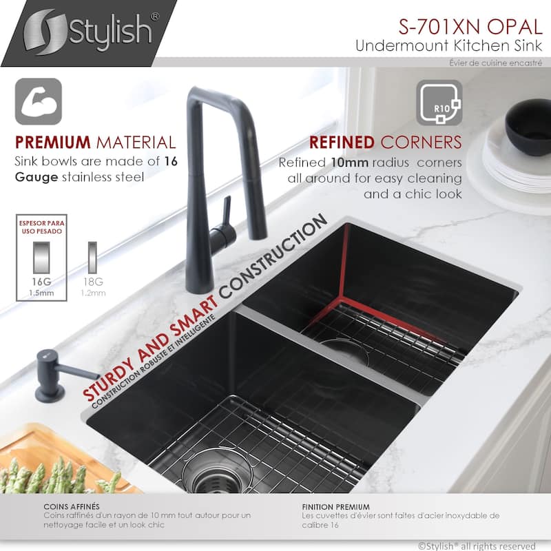 STYLISH 32 inch Graphite Black Double Bowl Undermount Stainless Steel Kitchen Sink with Grids and Basket Strainers Handmade