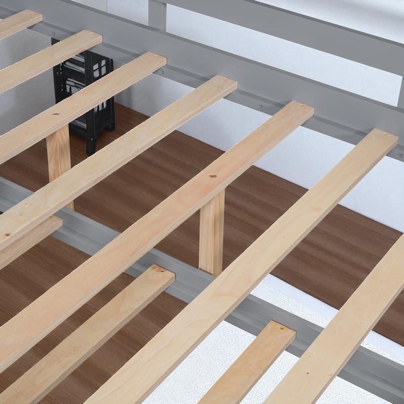 Wooden Twin/Full Size House Bed with Trundle, Storage Shelf & Roof Design - Kids Modern Playhouse Bed Frame