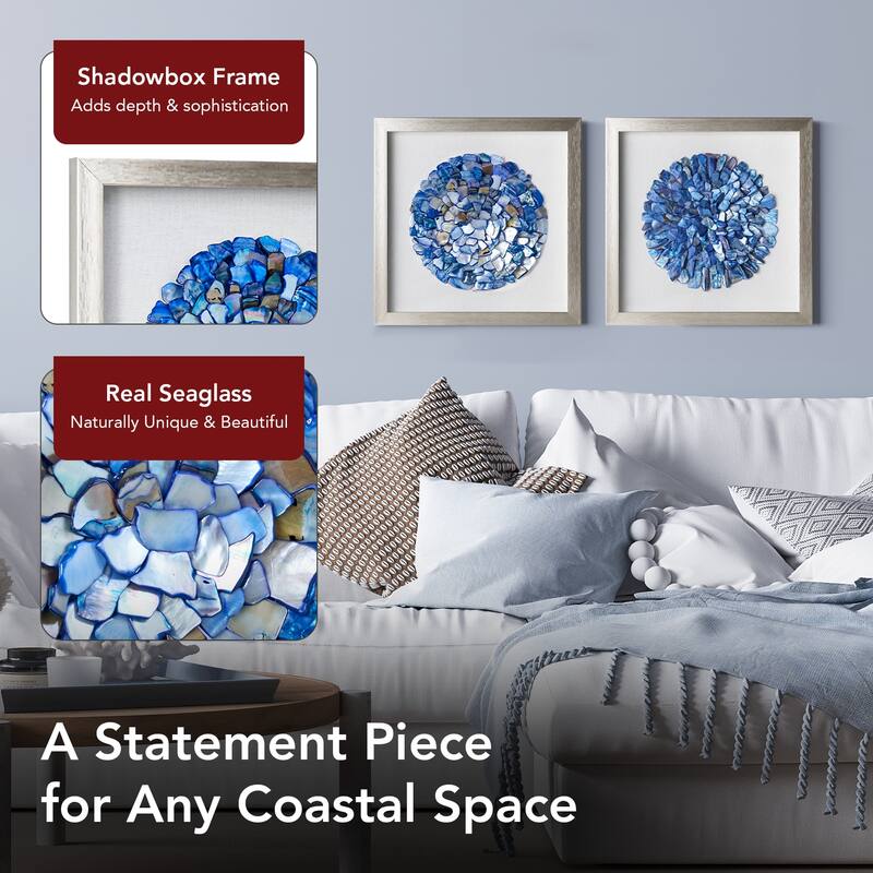 American Art Decor Blue Seashell Mosaic 3D Textured Wall Art with Champagne Frame, 2 Piece Set for Coastal Beach Theme Decor