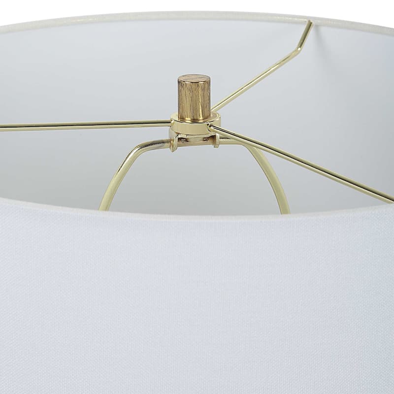 Table Lamp, White Linen Shade, Gold Ceramic Geometric Base, 28 Inch