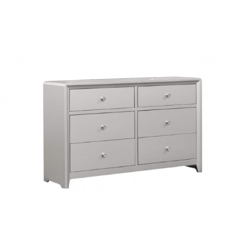 Broy Wide Dresser, 6 Drawers w Crystal Knobs, Champagne Gray Wood