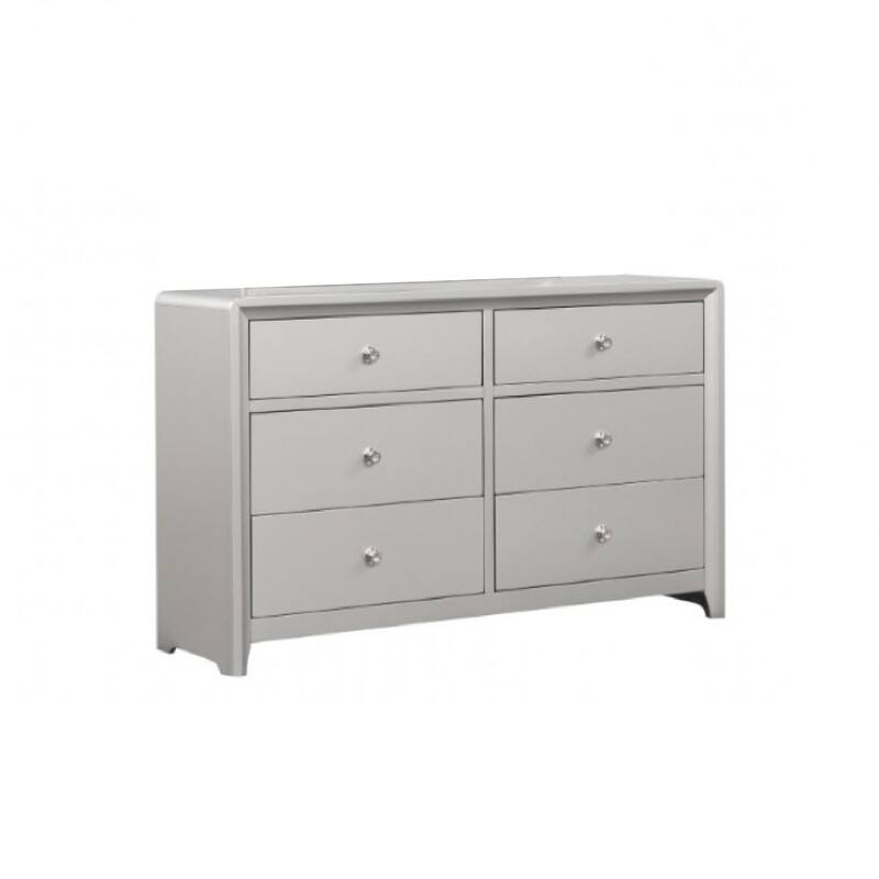 Broy Wide Dresser, 6 Drawers w Crystal Knobs, Champagne Gray Wood