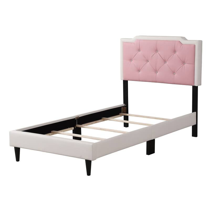Upholstered Jewel Tufted Twin Panel Bed - 81" - White and Pink