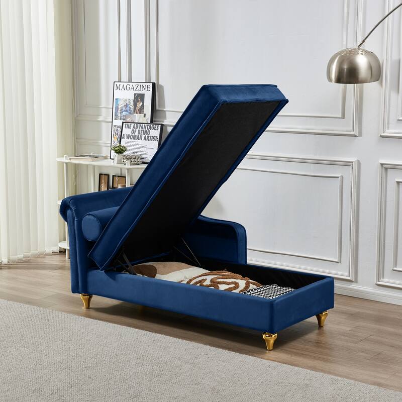Navy Blue Modern 60.6" Velvet Upholstered Chaise Lounge Chair with Metal Legs and Storage