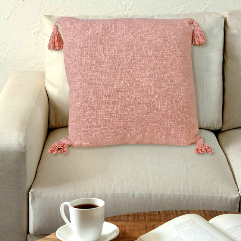 Handwoven Solid Square Throw Pillow Cover with Tassels - 20" - Coral Pink