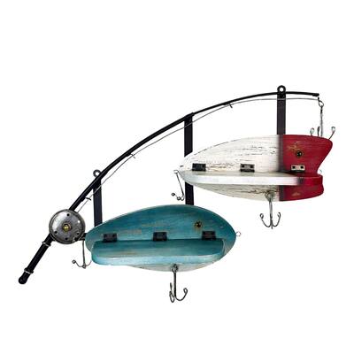 24 Inch Wood & Metal Fishing Pole Decorative Wall Shelf - 16 X 24 X 4.5 inches