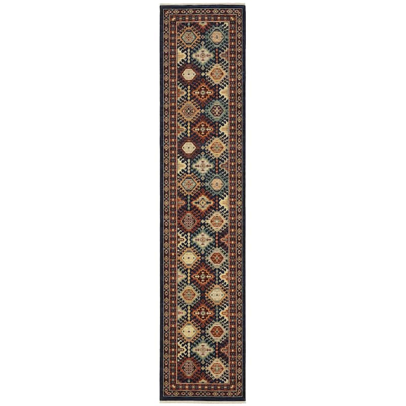 Style Haven Leander Tribal Panel Navy/ Multi Fringed Wool Blend Rug- - 2' x 6' - Runner