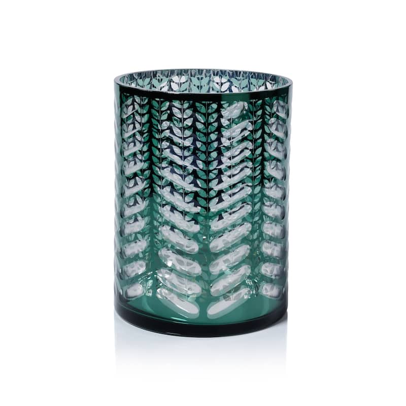 Laser-Etched Metallic Glass Hurricane Candle Holder - Green - 9.5"