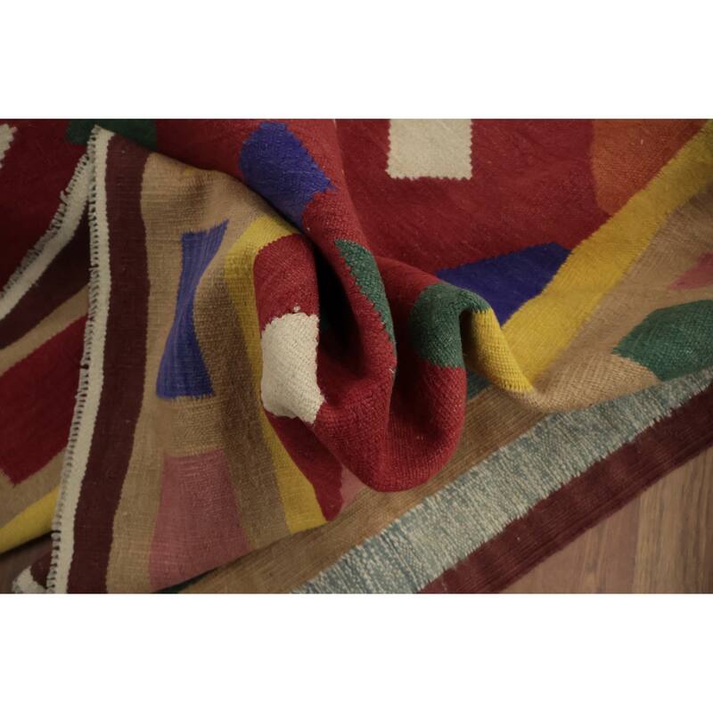 Hand Woven Oriental 100% Wool Carpet Southwestern Tribal Red Kilim Area Rug - 9' 10'' X 8' 2''