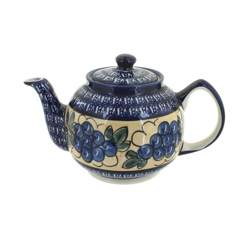 Blue Rose Polish Pottery 596 Zaklady Medium Teapot - Grapes  with Cobalt Trim