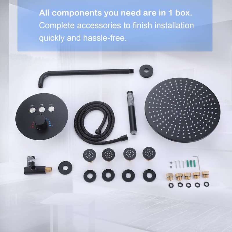 3-Way Complete 12'' Rain Shower System with 4 Body Jets and High-pressure Handheld Shower Head in Black/Nickel/Chrome, Wall