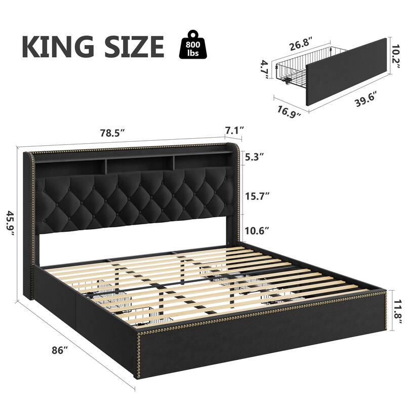 Velvet Bed Frame with 4 Storage Drawers
