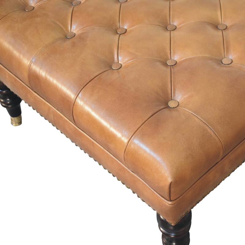Artisan Furniture Solid Wood Studded Buffalo Tan Leather Ottoman with Castor Legs