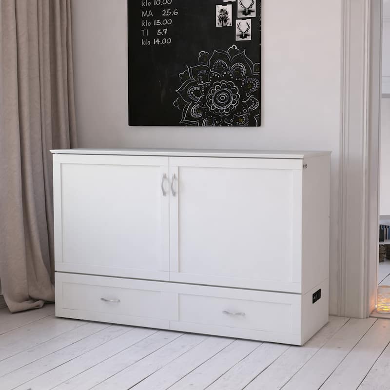 Hamilton Queen Murphy Bed Chest with 6" Mattress, Storage Drawer & Built-In Charger in White