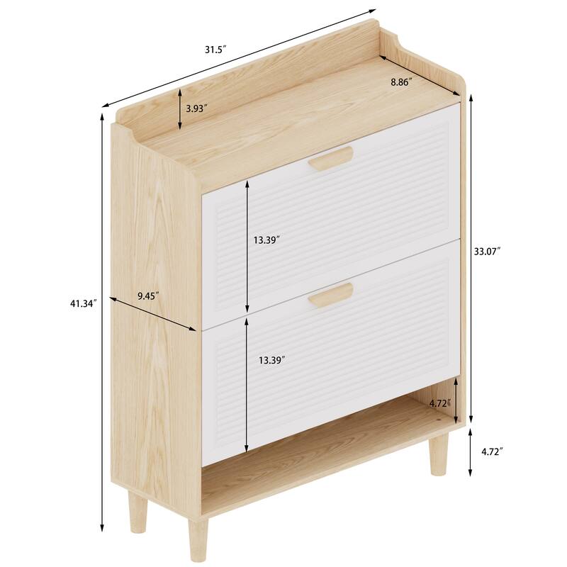31.5 Inch Nordic Shoe Cabinet with 2 Flip Drawers, Narrow Freestanding Shoe Storage Organizer with Wood Legs
