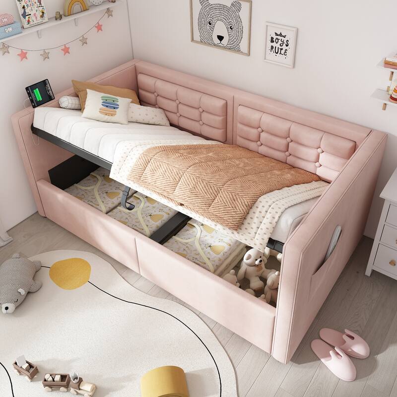 Velvet Tufted Upholstered Daybed Hydraulic Storage Twin Bed Frame with USB & Type-C Charging, Side Pockets and Wooden Slats