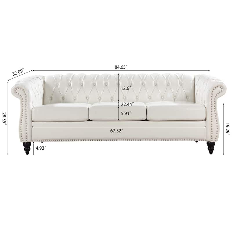 84.65" PU Rolled Arm Chesterfield 3 Seater Sofa