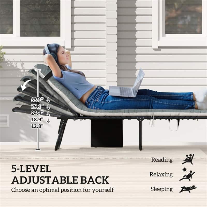 2-Pack Adjustable Outdoor Breathable Mesh Chaise Loungers with Cushions and Side Pockets - 23.6" W x 74.8" D x 12.2" H