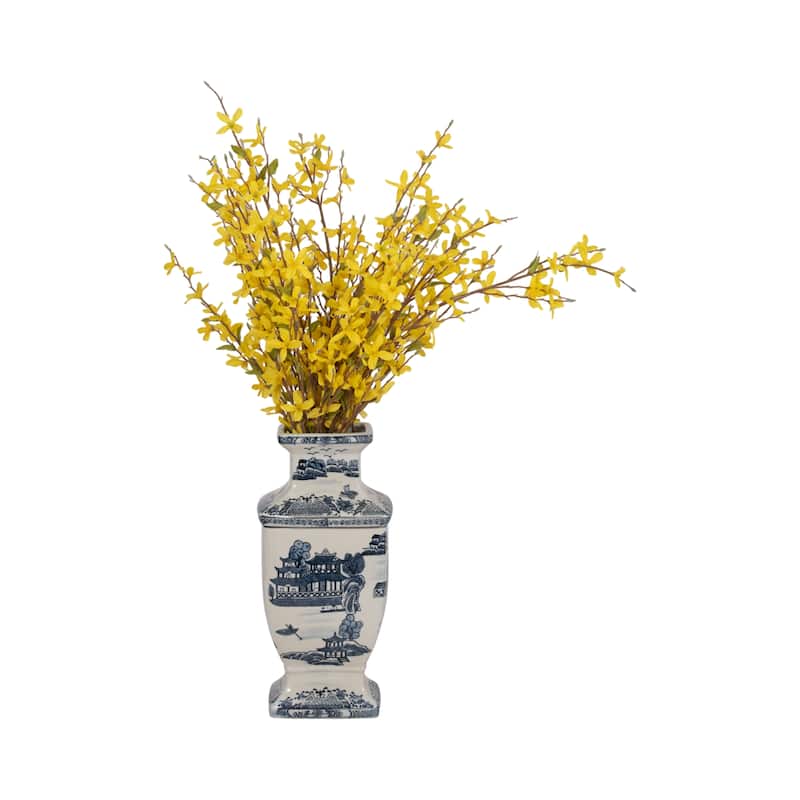 Sagebrook Home Ceramic Vase Contemporary Blue and White Chinoiserie Temple Design Floral Vase