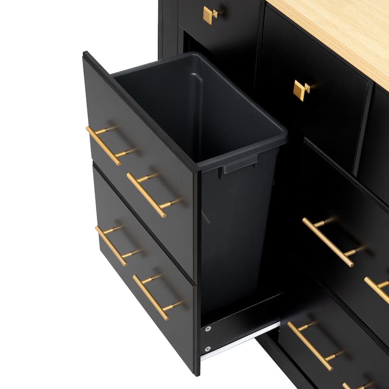 Kitchen Island with 6 Drawers, Pull Out Trash Can Storage, with Drop Leaf, Power Outlet, 5 Open Side Racks