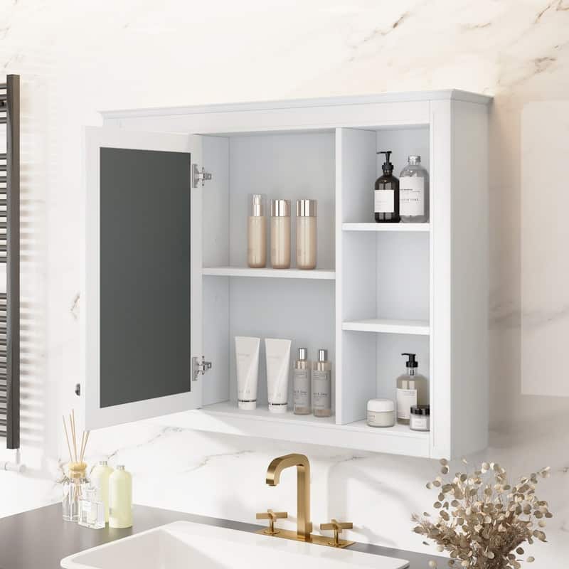 35'' x 27.5'' Modern Bathroom Wall Medicine Cabinet, Wall Mounted Bathroom Storage Cabinet with Mirror and 6 Open Shelves - N/A