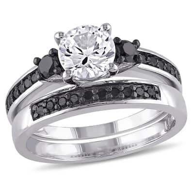 Miadora Sterling Silver Created White Sapphire and 2/ 5ct TDW Black Diamond Bridal Ring Set